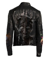 Men’s Punk Leather Jacket – Doll Puppet Patch, Silver Round Studs, Buckled Waist, Custom Slim Gothic Fit